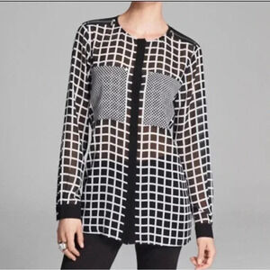Michael Kors Window Pane Checkered Semi Sheer Long Sleeve Blouse Size XS